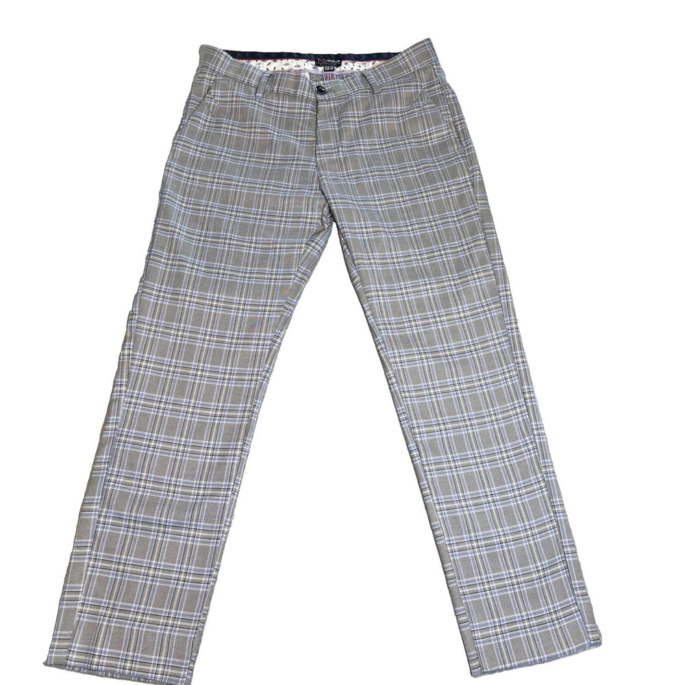 TR Premium Men's Plaid Tailored Pants 32 Gray Blue Stretch Slim Fit Trousers - Picture 3 of 16